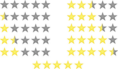 Five star rating. Different ranks from one to five stars. Golden embossed and gray transparent stars. Coments, feedbacks. Products and services