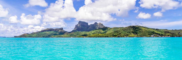 Bora Bora Island, French Polynesia. Web banner in panoramic view.