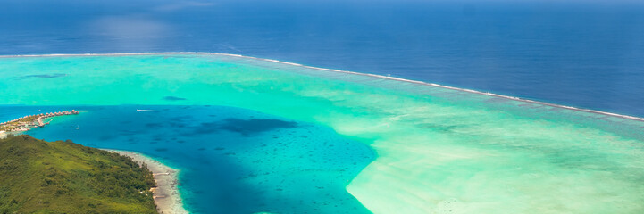 Fototapeta na wymiar Bora Bora Island, French Polynesia. Web banner in panoramic view.