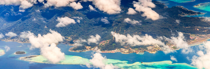 Bora Bora Island, French Polynesia. Web banner in panoramic view.
