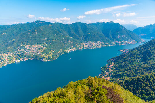 Aerial view of Lake como from Volta lighthouse in Italy