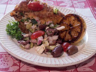 Greek Lemon Salsa Chicken Against Red - Horiz