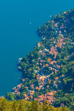 Aerial view of Blevio village and lake Como in Italy