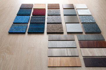 Materials construction. wood materials. Interior design. Sample of wood. Laminate. Veneer. Vinyl. Carpet and concrete for home renovation. Luxury  materials for building construction. Concrete.  lamin