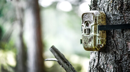 Camera trap or spy photo camera in forest.