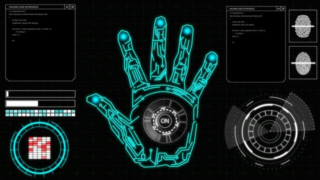 hud elements on a computer display with hand scanning and fingerprints on a screen