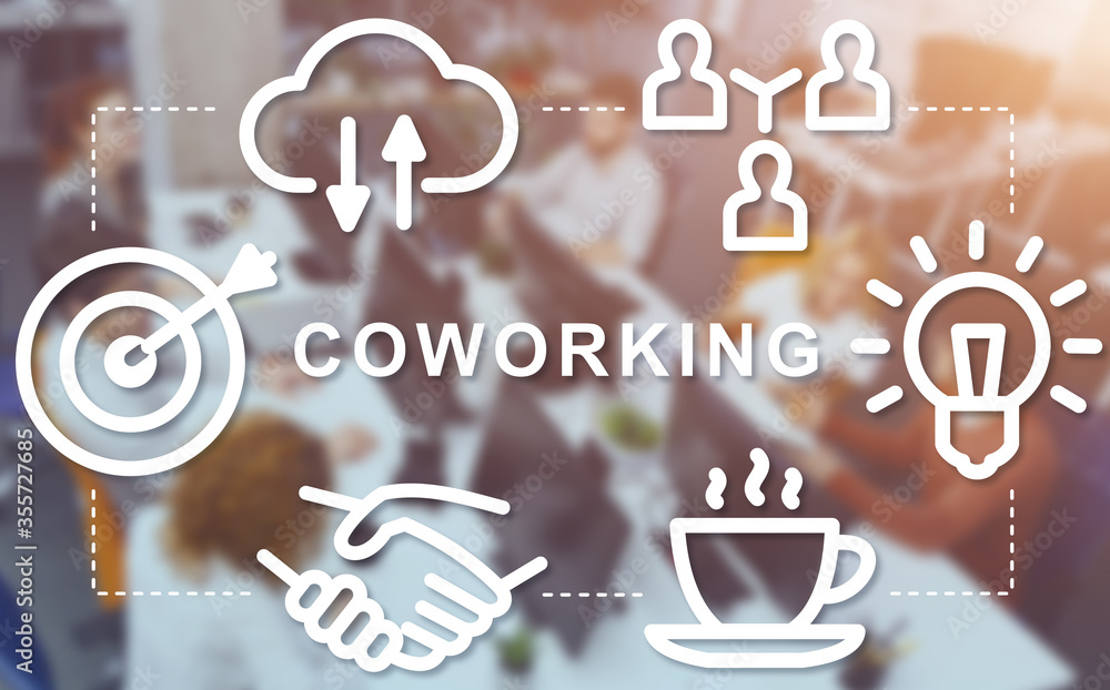 Poster coworking community. collage with group of multiracial people discussing startup project at open spa
