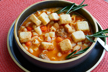 Pasta Fagioli authentic Italian soup made with beans, pasta and sausage.