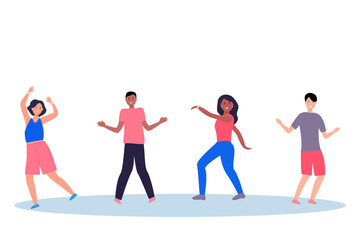 Naklejka premium Cartoon modern international people dancing for holiday design. Vector flat illustration design. Festive background, poster, night lifestyle. active lifestyle of young people.