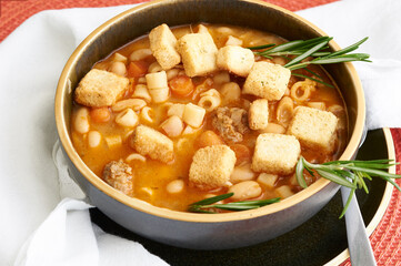 Pasta Fagioli authentic Italian soup made with beans, pasta and sausage.