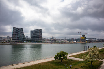 Obraz premium Construction area of Belgrade on the water by the Sava river, in Belgrade capital of Serbia