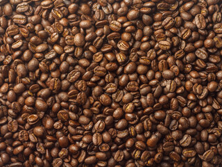 Top view, roasted coffee beans, brown, suitable for background images.