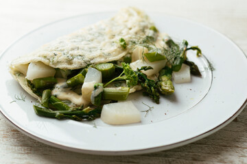 Vegan Herbed Crepes with Spring Turnips and Asparagus