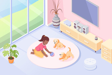 Pets, girl playing with dog puppies in room, vector isometric illustration. Kid girl with toy ball and two puppies playing on floor carpet, domestic animals at house, modern interior background