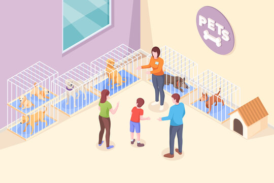 Pet adoption, family chooses dog from shelter, vector isometric illustration. Family mother and father with son at animal shelter to adopt dog puppy, pets adopting take home, rescue and help concept