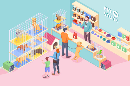 Pet Shop Cats And Dogs, Animals And Veterinary Store, Vector Isometric Design. People Buying Food And Vet Products On Shelf Of Pet Store, Kid Choosing Puppy Dog Pet Or Cat, Rabbit And Parrot In Cage