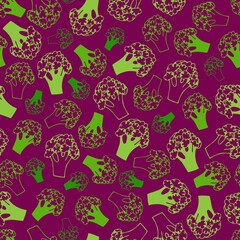 Broccoli doodle seamless pattern. Background with vegetables. Vector illustration. Broccoli isolated on plum background. Healthy vegetable eating, collage ornament with wholesome food ingredient. 