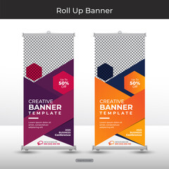 Roll-up banner, modern abstract design for advertising information, business concept stand for conference, seminar with stylish background vector