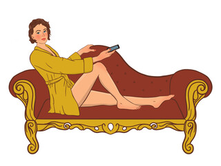 Woman in pin up style stays at home in quarantine for Coronavirus is sitting on the sofa and holding the cellphone illustration in color