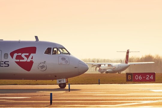 Two turboprop airplanes ATR-72 of Czech Airlines (CSA) before take off from Vaclav Havel Airport Prague on March 29, 2019.