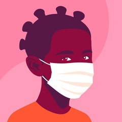 Portrait of an African girl with medical mask. The face of a child. Avatar of a schoolgirl. Vector flat illustration