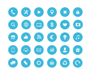 internet blue color round icons set