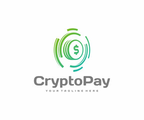 Financial technology or fintech logo design. Cryptocurrency exchange and digital coin mining vector design. Virtual money logotype