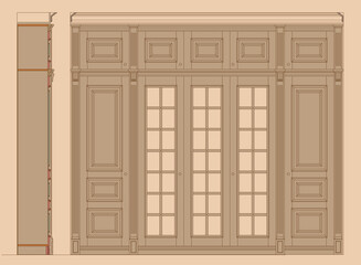Vector old fashioned drawing of wooden wardrobe with carved cornice, mezzanine, decorated pilasters, mirror and slat door panels. Façade and section on a beige background - obrazy, fototapety, plakaty