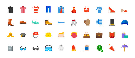 Men and women clothes vector icon set. Isolated all clothes, apparels, wears and accessories cartoon, flat style illustrations collection