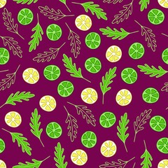 Doodle seamless pattern with lime, lemon, arugula. Background with fruit and herbs. Vector Vector texture on beet background. Vegan, farm. Healthy fruit eating, food ingredient. 