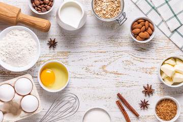 Ingredients for baking  - flour, eggs, salt, sugar, milk.