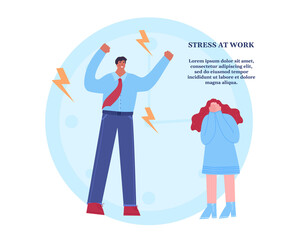 Angry boss yells at the employee. The woman is crying. Stress at work. Vector illustration with place for your text.