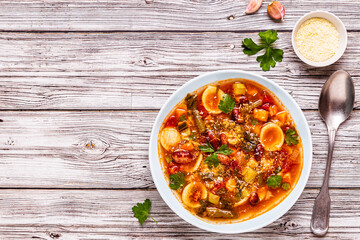 Minestrone, italian vegetable soup with pasta and beans.