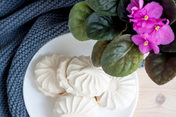 Marshmallows. Vanilla sweet homemade marshmallows. Light composition with a flower in a pot. Violet flower. Sweet delicious dessert.