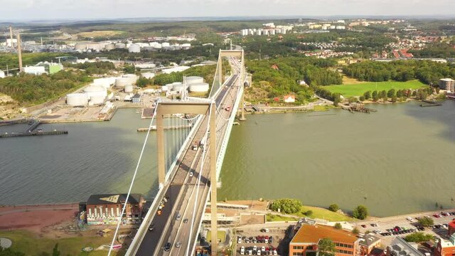 Aerial view of the Gutenberg Bridge (a suspension bridge)  in summer in Sweden.