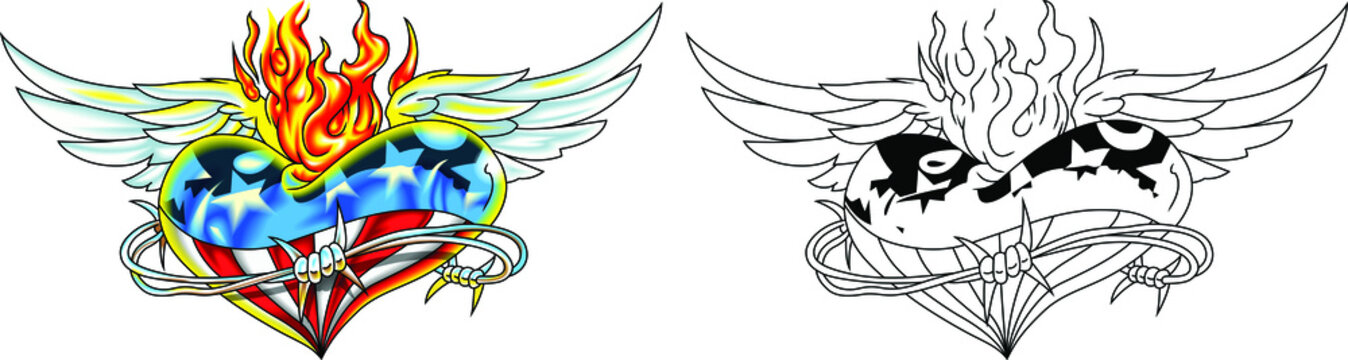 Heart with usa flag, wings and fire with barbed wire. Symbols of America. Vector image