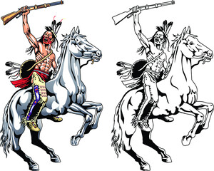 American Native American leader, with feathers on his head and riding a mustang horse at a gallop. A nomadic horseman or hunter sits on a horse and holds a rifle.