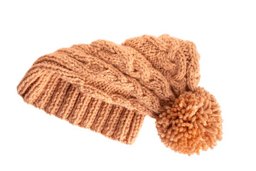 Fototapeta na wymiar Handmade knitted winter hat on white background