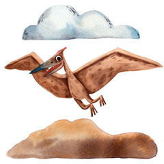 Cute watercolor pterodactyl. Blue and white watercolor clouds. Flying creature. Evolution of animals. Cartoon character. Giant jurassic reptile. Paleontology monster illustration. Prehistoric wings. © mashamashastu