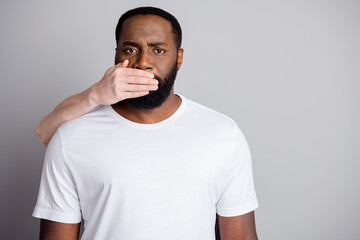 Photo of african american guy disenfranchised unfairly society shut up black race citizens need...