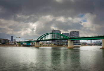 Old bridge on the Sava river near the construction area of Belgrade on the water in Belgrade capital of Serbia