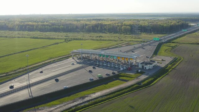 Aerial view toll plaza point on highway, contactless payment