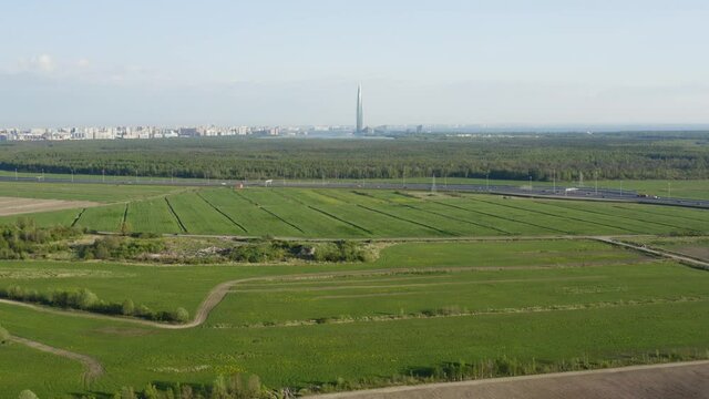 Aerial view St. Petersburg country side. Lakhta center skycraper