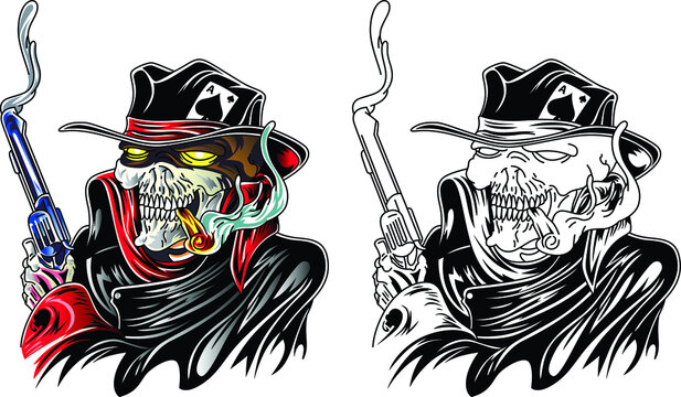 Cartoon detailed realistic colorful scary human skull of a wild west gangster with a black hat, scarf and gun. Vector drawing