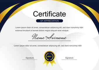 creative blue certificate of achievement template with gold badge vector design