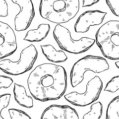 Dried apple chips samless pattern. Vector drawing. Hand drawn dehydrated fruit ring and slices.