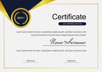 Fototapeta premium creative blue certificate of achievement template with gold badge vector design