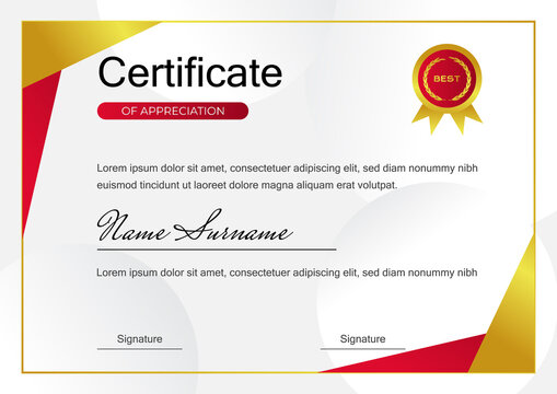 creative red certificate of achievement template with gold badge vector design