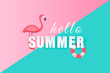 Hello summer with decoration pink and blue paper and craft style. Watermelon, flemish