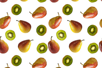 Seamless pattern of red and yellow pears and kiwi slices on a white background. The texture of the food